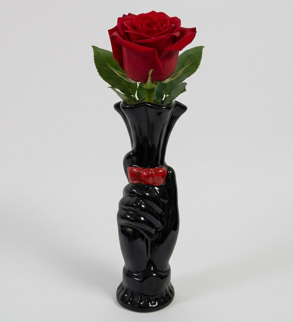 Vintage fluted black hand red bowtie tall vase Ceramic 9" tall